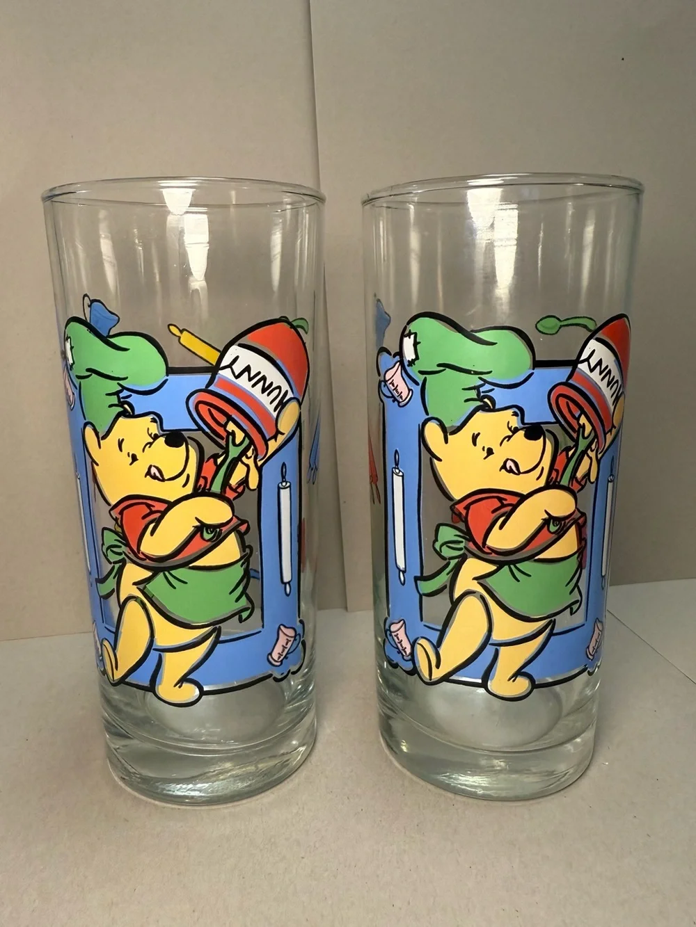 Vintage Disney Winnie the Pooh Blue Cartoon Glass Tumbler - Set of 2